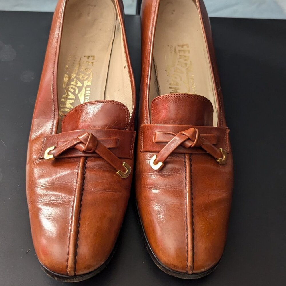 Vintage Salvatore Ferragamo Light Brown Leather Bow Loafers US8.5AAA